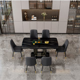 Table with Black Marble Pattern Desktop and Gold Legs + 6 Black PU Chairs - F-Sq C-007