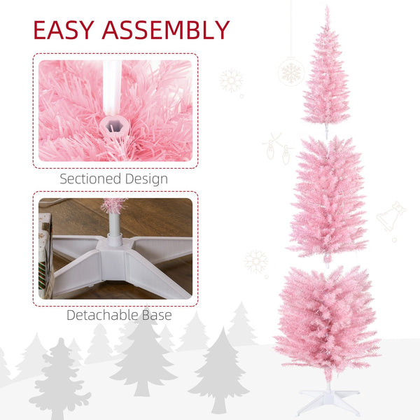 English Elm HOMCOM Pink 7' Slim Pre-Lit Noble Fir Christmas Tree with 200 Warm LEDs, 499 Tips, Space-Saving Decor W2225137771