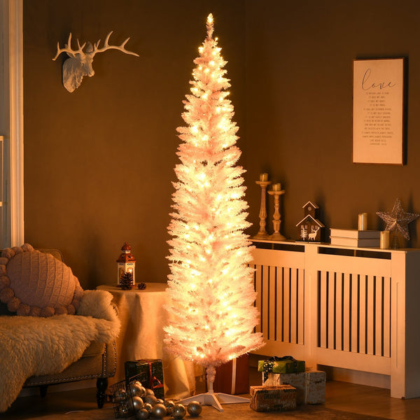 English Elm HOMCOM Pink 7' Slim Pre-Lit Noble Fir Christmas Tree with 200 Warm LEDs, 499 Tips, Space-Saving Decor W2225137771