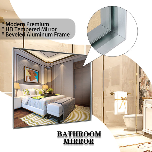 English Elm 48x30inch Beveled Wall Mirror Silver Aluminum Frame HD Float Glass Rust-Resistant Vanity Mirror with Ruler W2091126972