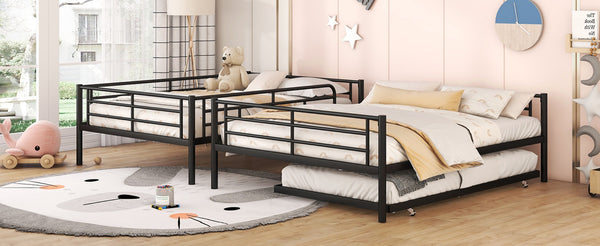 English Elm Full Xl Over Queen Iron Bunk Bed with Trundle Three Sleeper Chrome Kids Frame Black LT000259AAB