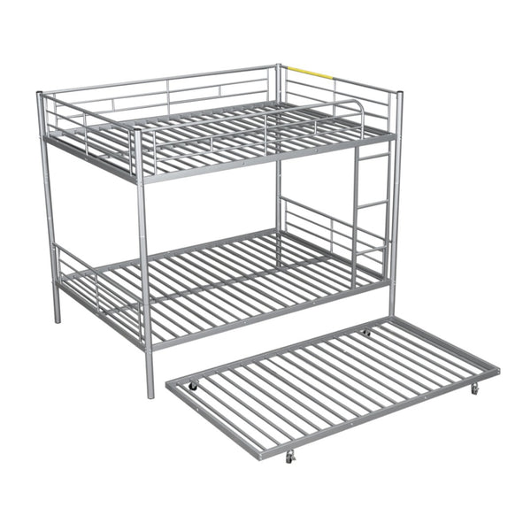 English Elm Full Over Iron Bunk Bed with Pull Out Trundle Three Sleeper Kids Guest Room Silver LT000249AAN