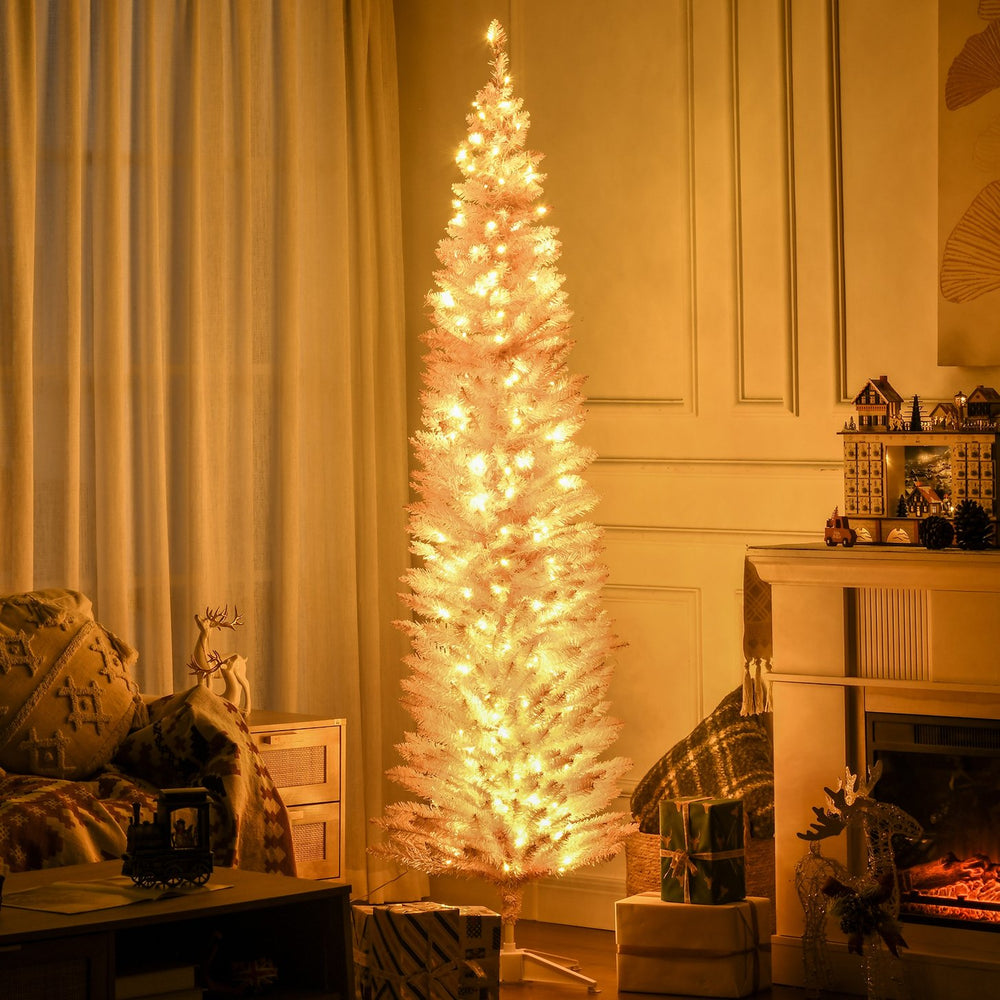 English Elm HOMCOM Pink 7' Slim Pre-Lit Noble Fir Christmas Tree with 200 Warm LEDs, 499 Tips, Space-Saving Decor W2225137771