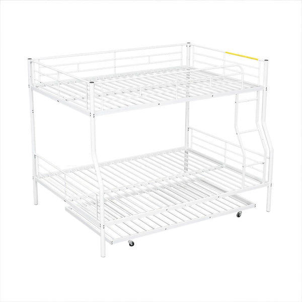 English Elm Full Xl Over Queen Iron Bunk Bed with Trundle Three Sleeper Chrome Kids Frame White LT000259AAK