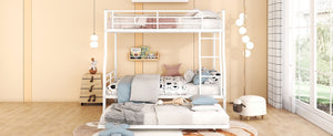 English Elm Full Xl Over Queen Iron Bunk Bed with Trundle Three Sleeper Chrome Kids Frame White LT000259AAK