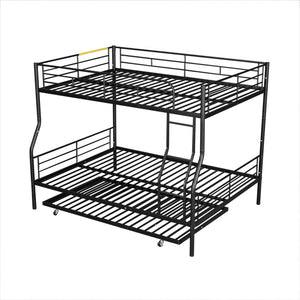 English Elm Full Xl Over Queen Iron Bunk Bed with Trundle Three Sleeper Chrome Kids Frame Black LT000259AAB