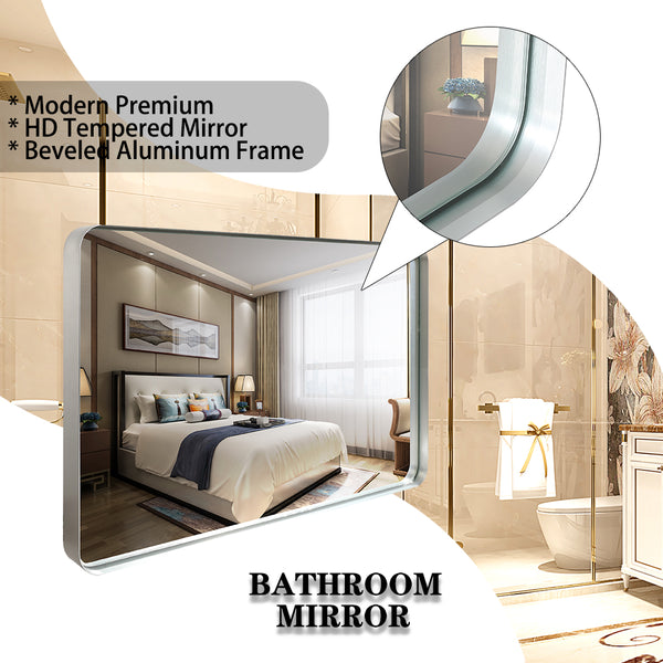 English Elm 30x20inch Glossy Brushed Silver Rounded Corner Wall Mirror with Ruler HD Float Glass Beveled Frame W2091126978