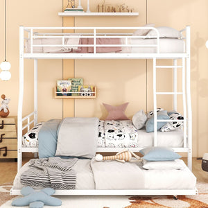 English Elm Full Xl Over Queen Iron Bunk Bed with Trundle Three Sleeper Chrome Kids Frame White LT000259AAK