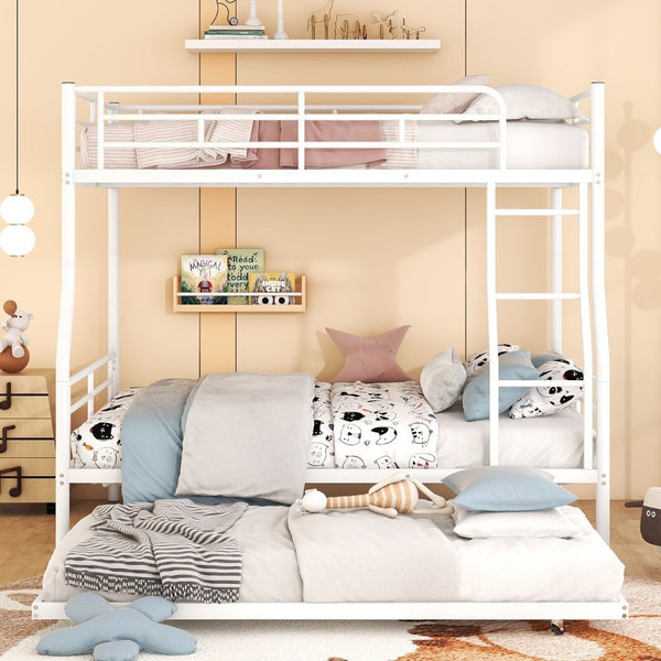 English Elm Full Xl Over Queen Iron Bunk Bed with Trundle Three Sleeper Chrome Kids Frame White LT000259AAK
