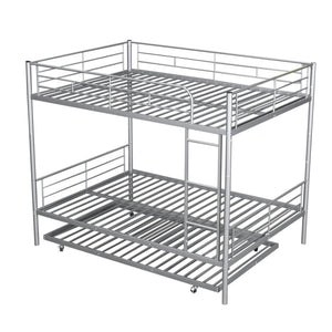English Elm Full Over Iron Bunk Bed with Pull Out Trundle Three Sleeper Kids Guest Room Silver LT000249AAN