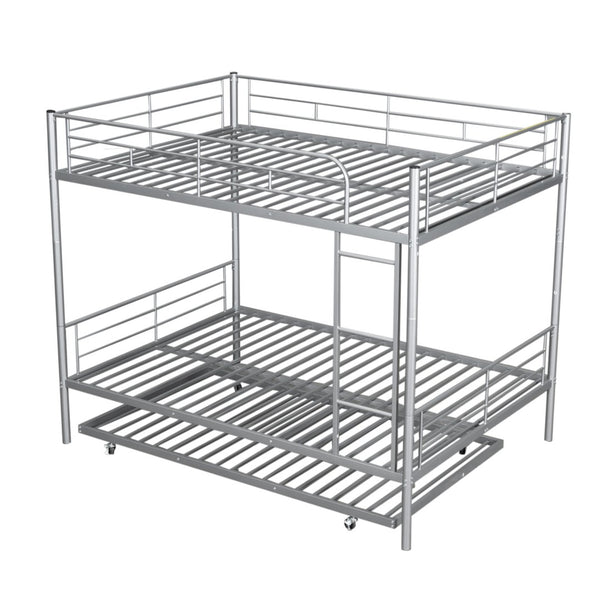 English Elm Full Over Iron Bunk Bed with Pull Out Trundle Three Sleeper Kids Guest Room Silver LT000249AAN