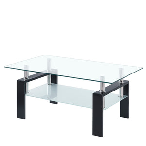 English Elm Tempered Glass Two-tier Coffee Table with Metal Legs for Modern Living Rooms W1718128637