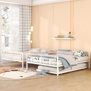 English Elm Full Xl Over Queen Iron Bunk Bed with Trundle Three Sleeper Chrome Kids Frame White LT000259AAK