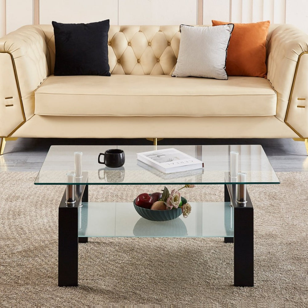 English Elm Tempered Glass Two-tier Coffee Table with Metal Legs for Modern Living Rooms W1718128637