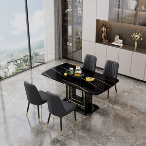 English Elm 1 Table and 4 Black Chairs. The Table Features A Black Imitation Marble Pattern Desktop and Black Gold Mdf Legs. Pair With 4 Black Pu Chairs. F-Sq C-007