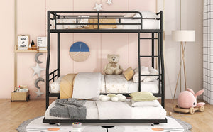 English Elm Full Xl Over Queen Iron Bunk Bed with Trundle Three Sleeper Chrome Kids Frame Black LT000259AAB