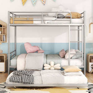 English Elm Full Over Iron Bunk Bed with Pull Out Trundle Three Sleeper Kids Guest Room Silver LT000249AAN