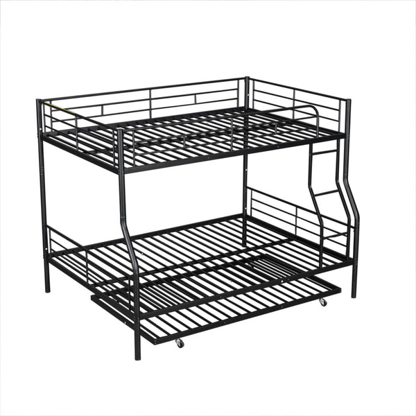 English Elm Full Xl Over Queen Iron Bunk Bed with Trundle Three Sleeper Chrome Kids Frame Black LT000259AAB