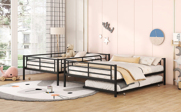 English Elm Full Xl Over Queen Iron Bunk Bed with Trundle Three Sleeper Chrome Kids Frame Black LT000259AAB