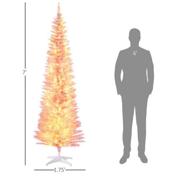 English Elm HOMCOM Pink 7' Slim Pre-Lit Noble Fir Christmas Tree with 200 Warm LEDs, 499 Tips, Space-Saving Decor W2225137771