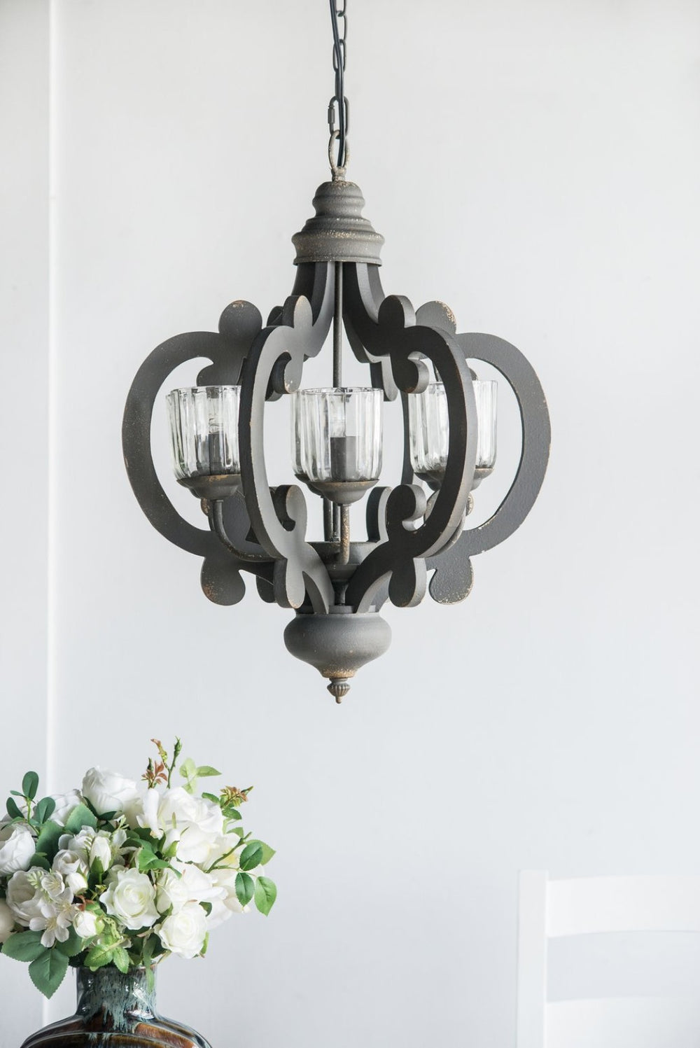 English Elm 3 Light Whitewash Fir Wood Drum Chandelier Iron Accents Farmhouse Foyer Dining W2078137920