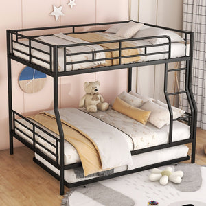 English Elm Full Xl Over Queen Iron Bunk Bed with Trundle Three Sleeper Chrome Kids Frame Black LT000259AAB