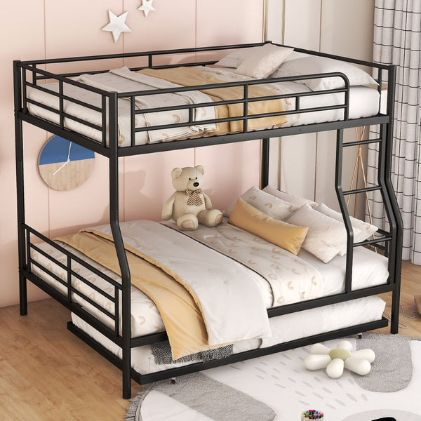 English Elm Full Xl Over Queen Iron Bunk Bed with Trundle Three Sleeper Chrome Kids Frame Black LT000259AAB