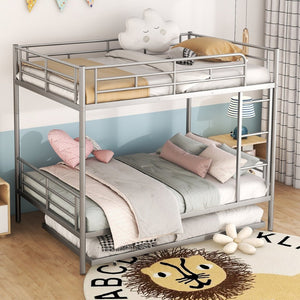 English Elm Full Over Iron Bunk Bed with Pull Out Trundle Three Sleeper Kids Guest Room Silver LT000249AAN
