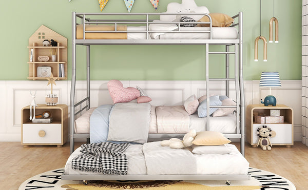 English Elm Full Xl Over Queen Iron Bunk Bed with Trundle Three Sleeping Surfaces Chrome Frame LT000259AAN