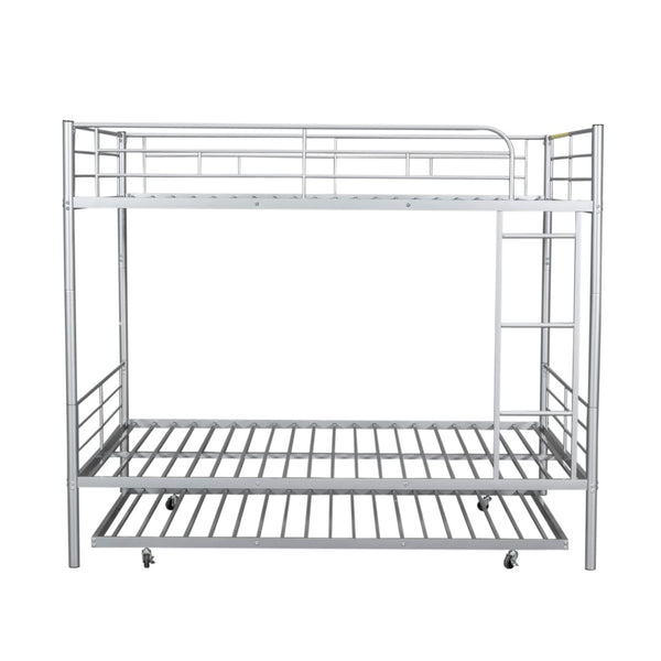 English Elm Full Over Iron Bunk Bed with Pull Out Trundle Three Sleeper Kids Guest Room Silver LT000249AAN
