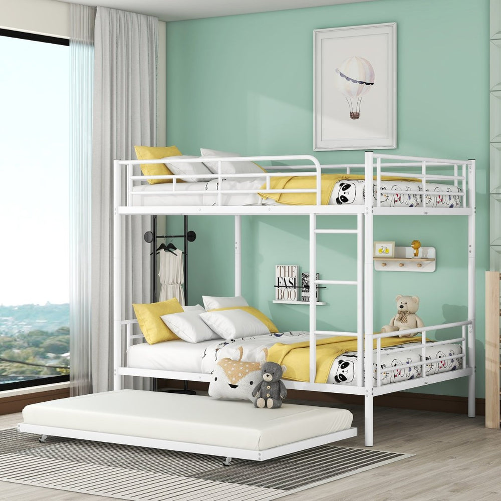 English Elm Full Over Iron Bunk Bed with Pull Out Trundle Three Sleeper Kids Guest Room LT000249AAK
