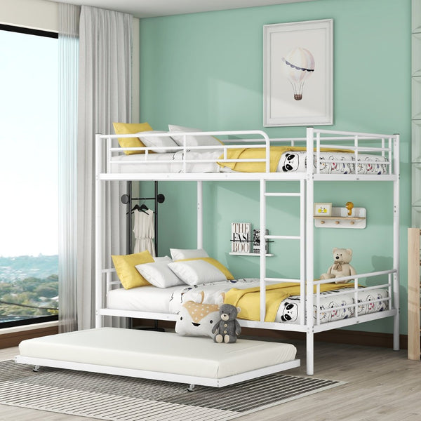 English Elm Full Over Iron Bunk Bed with Pull Out Trundle Three Sleeper Kids Guest Room LT000249AAK