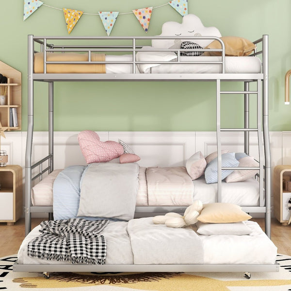 English Elm Full Xl Over Queen Iron Bunk Bed with Trundle Three Sleeping Surfaces Chrome Frame LT000259AAN