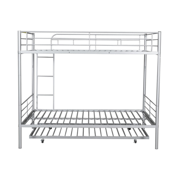 English Elm Full Over Iron Bunk Bed with Pull Out Trundle Three Sleeper Kids Guest Room Silver LT000249AAN