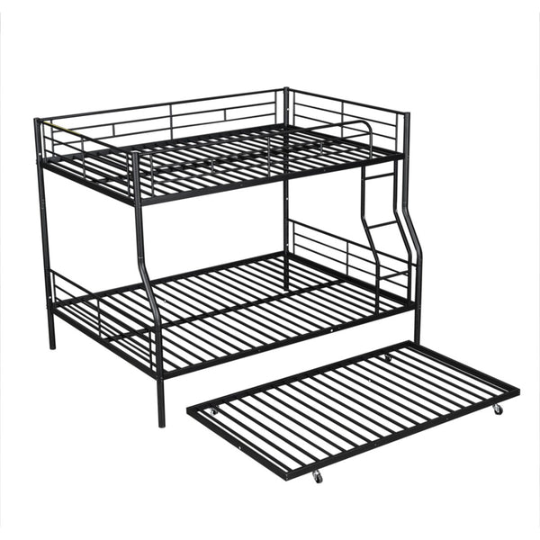 English Elm Full Xl Over Queen Iron Bunk Bed with Trundle Three Sleeper Chrome Kids Frame Black LT000259AAB