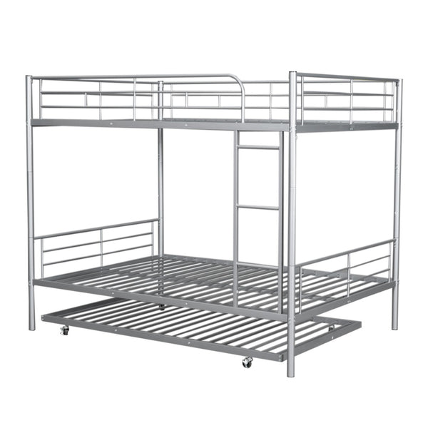English Elm Full Over Iron Bunk Bed with Pull Out Trundle Three Sleeper Kids Guest Room Silver LT000249AAN