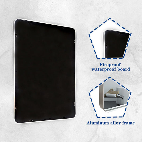 English Elm 36x30inch Glossy Brushed Silver Rounded Corner Wall Mirror with Ruler HD Beveled Aluminum Frame Waterproof W2091126974