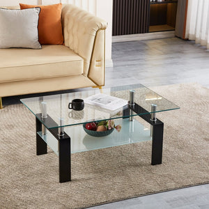 English Elm Tempered Glass Two-tier Coffee Table with Metal Legs for Modern Living Rooms W1718128637