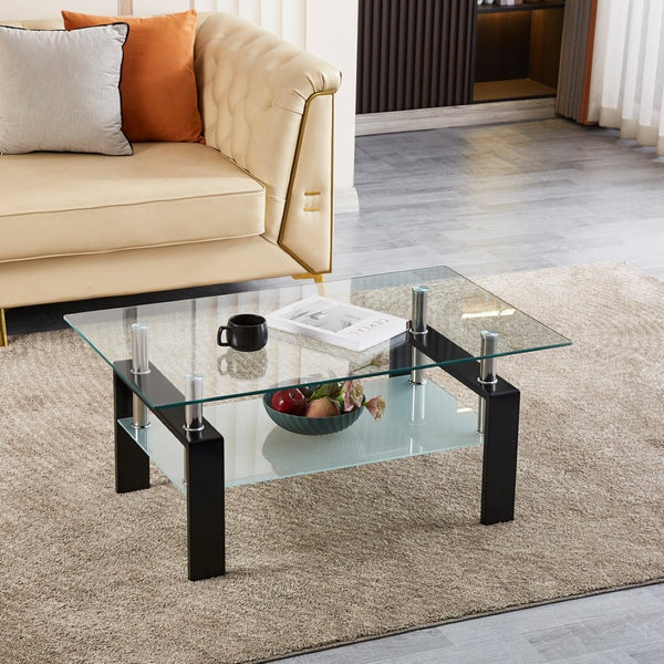 English Elm Tempered Glass Two-tier Coffee Table with Metal Legs for Modern Living Rooms W1718128637