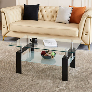 English Elm Tempered Glass Two-tier Coffee Table with Metal Legs for Modern Living Rooms W1718128637