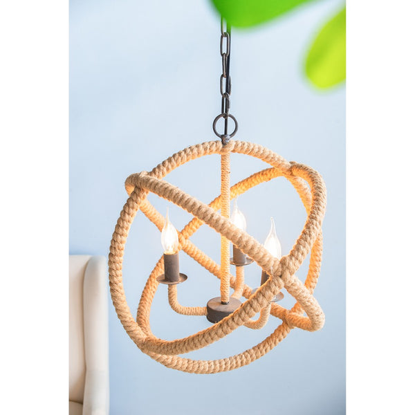 English Elm 3-light Hemp Rope Globe Chandelier Iron Frame Farmhouse Fixture for Dining Entryway W2078137922