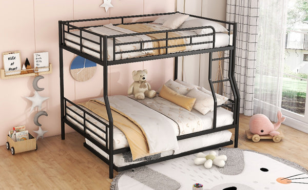 English Elm Full Xl Over Queen Iron Bunk Bed with Trundle Three Sleeper Chrome Kids Frame Black LT000259AAB
