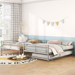 English Elm Full Over Iron Bunk Bed with Pull Out Trundle Three Sleeper Kids Guest Room Silver LT000249AAN