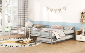 English Elm Full Over Iron Bunk Bed with Pull Out Trundle Three Sleeper Kids Guest Room Silver LT000249AAN