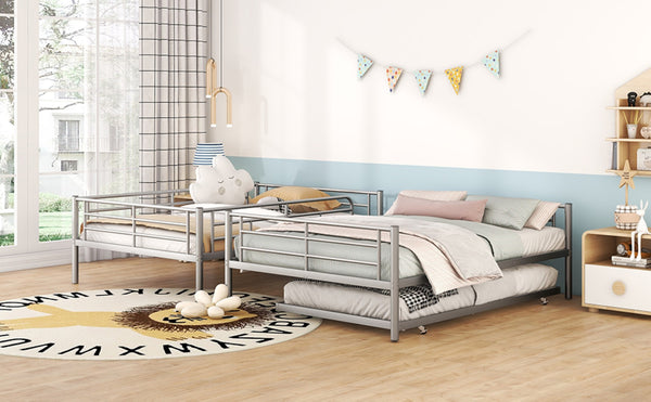 English Elm Full Over Iron Bunk Bed with Pull Out Trundle Three Sleeper Kids Guest Room Silver LT000249AAN