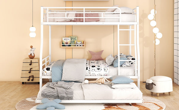English Elm Full Xl Over Queen Iron Bunk Bed with Trundle Three Sleeper Chrome Kids Frame White LT000259AAK