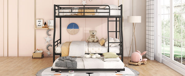 English Elm Full Xl Over Queen Iron Bunk Bed with Trundle Three Sleeper Chrome Kids Frame Black LT000259AAB