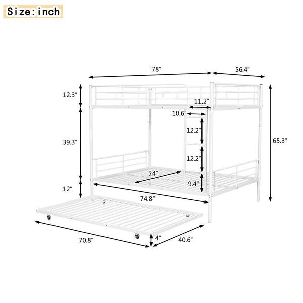 English Elm Full Over Iron Bunk Bed with Pull Out Trundle Three Sleeper Kids Guest Room LT000249AAK