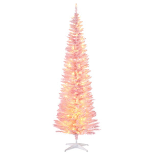 English Elm HOMCOM Pink 7' Slim Pre-Lit Noble Fir Christmas Tree with 200 Warm LEDs, 499 Tips, Space-Saving Decor W2225137771