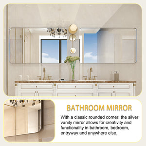 English Elm 40X30Inch Brushed Silver Rounded Corner Wall Mirror - Modern Design For Elegant Bathroom Decor W2091126976